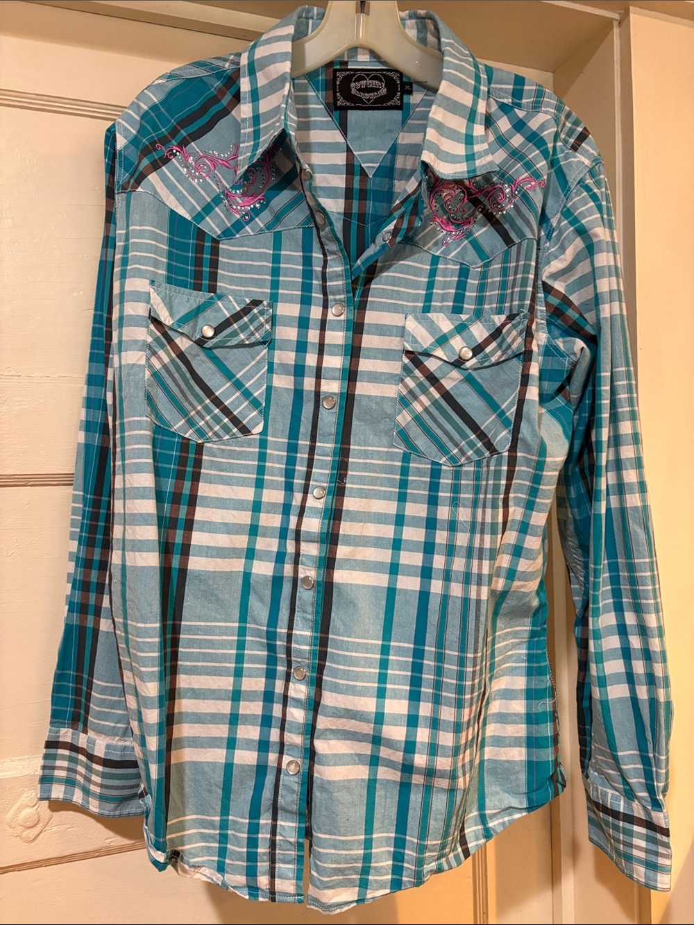 Plaid Western Snap-Front Blouse in Teal and White